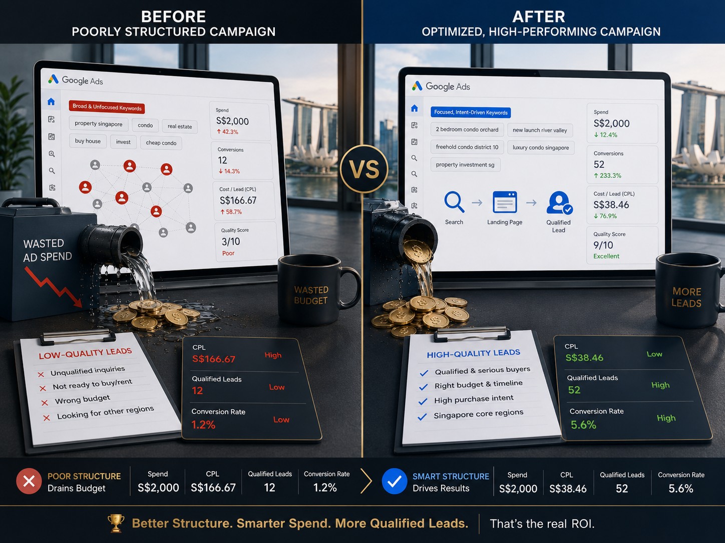 Before-and-after infographic of a fixed Google Ads setup