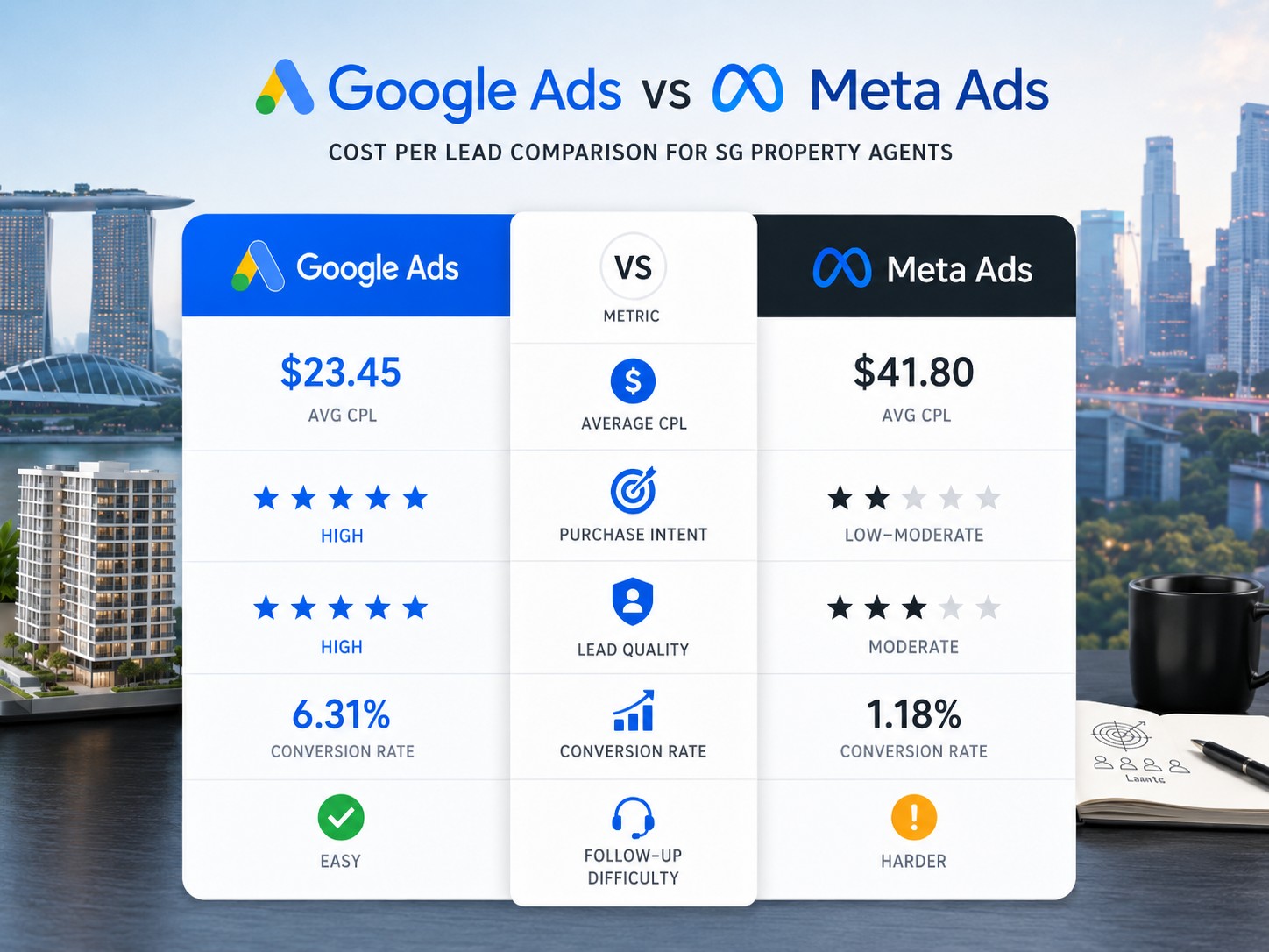 Infographic comparing cost-per-lead on Google Ads versus Meta Ads